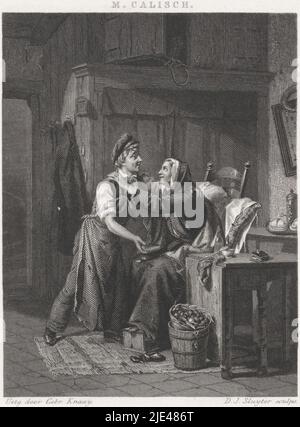 Une femme embrasse un jeune homme, Dirk Jurriaan Sluyter, d'après Moritz Calisch, 1867 - 1875, dans un intérieur simple, une femme plus âgée s'assoit sur une chaise avec ses pieds sur une cuisinière et un oreiller dans son dos. Elle embrasse un jeune homme portant une casquette, qui jette de l'argent sur ses genoux. Sur la table à côté d'elle est un livre. À côté d'un bol avec une cuillère. Sur le sol un panier de tubercules ou de pommes de terre et un peeler.derrière elle sur une petite table un ensemble de café avec des tasses., Imprimeur: Dirk Jurriaan Sluyter, (mentionné sur l'objet), Moritz Calisch, (mentionné sur l'objet), éditeur: Gebroeders Kraay, (Mentionné à l'objet), Amsterdam, 1867 Banque D'Images
