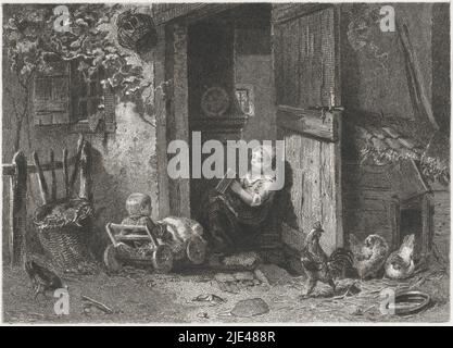 Enfants dans la cour de ferme, Dirk Jurriaan Sluyter, 1826 - 1886, Une fille est assise dans la porte d'une ferme. Dans la cour en face d'elle est un chariot en bois avec un tout-petit en elle. Devant un poulailler, certains poulets sont assis. Un coq marche à côté., imprimerie: Dirk Jurriaan Sluyter, Amsterdam, 1826 - 1886, papier, gravure, gravure, h 113 mm × l 174 mm Banque D'Images