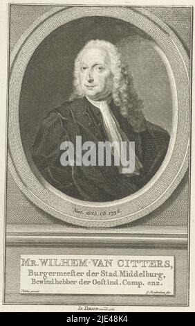 Portrait de Willem van Citters, Jacob Houbraken, après Jan Palthe, 1760, buste de Willem van Citters dans un ovale. Le portrait repose sur une plinthe sur laquelle son nom et son titre sont écrits en trois lignes en néerlandais., imprimeur: Jacob Houbraken, (mentionné sur l'objet), après: Jan Palthe, (mentionné sur l'objet), éditeur: Isaak Tirion, (Mentionné sur l'objet), Amsterdam, 1760, papier, gravure, gravure, h 180 mm × l 118 mm Banque D'Images