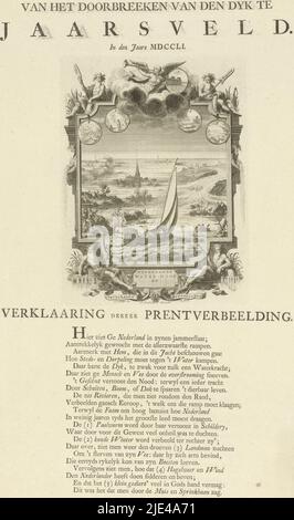 Digue Breakthrough à Jaarsveld, 1751, Jan Caspar Philips, 1751, digue Breakthrough à Jaarsveld, 1751. Un yacht navigue au-dessus de la terre inondée et au-delà des villages noyés pendant l'inondation après la rupture des digues. Dans un cadre allégorique avec le Faam et quatre dieux de rivière. Sur la feuille en dessous de la plaque l'explication de la représentation en verset., imprimerie: Jan Caspar Philips, (mentionné sur l'objet), Jan Caspar Philips, (mentionné sur l'objet), éditeur: Theodorus Crajenschot, (Mentionné sur l'objet), Amsterdam, 1741 et/ou 1751, papier, gravure, gravure, impression typographique, h 482 mm × l 298 mm, h Banque D'Images