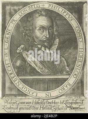 Portrait de Philip Comte of Hohenlohe zu Langenburg, Herman Breckerveld, après anonyme, 1626, buste du capitaine de l'armée néerlandaise en armure à col blanc. En dessous du portrait, son nom et ses titres. Page d'un livre, texte imprimé sur le verso., imprimeur: Herman Breckerveld, (mentionné sur l'objet), anonyme, Arnhem, 1626, papier, gravure, impression typographique, h 157 mm × l 122 mm Banque D'Images