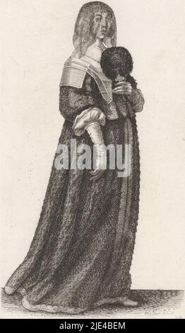 Ornatus Muliebris Anglicanus (les vêtements des femmes anglaises), Venceslaus Hollar, 1640 ans, dame anglaise avec les cheveux se comblait fermement en arrière, mais sur le front et des temples pendant des boucles à franges. Dessus un voile noir transparent. Vêtu d'une robe composée d'un petit corsage avec encolure droite basse, taille haute, 7/8 manches larges, tour composé de plusieurs empiècements, sur une longue jupe large légèrement traînant sur le sol. Le cou est entièrement recouvert d'un mouchoir double-plié non orné dont un qui repose à plat sur les épaules. Manches longues de chemise et poignets non ornés sont Banque D'Images