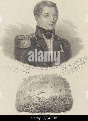 Portrait de Jan Carel Josephus van Speijk, Dirk Sluyter, d'après J.B. Clermans, d'après J. Stein, 1831 ans, Portrait du commandant néerlandais de l'arme Jan Carel Josephus van Speijk, qui a fait exploser son navire sur 5 février 1831, après qu'il est tombé dans les mains d'une foule en colère d'Anvers. Sous le portrait, l'explosion du navire, qui a tué Van Speijk, la plupart de son équipage et un nombre inconnu de Belges. En bas, un poème de louange pour l'acte héroïque de Van Speijk., l'imprimeur: Dirk Sluyter, (mentionné sur l'objet), J.B. Clermans, (mentionné sur l'objet), rapporteur pour avis intermédiaire: J. Stein, (mentionné sur Banque D'Images