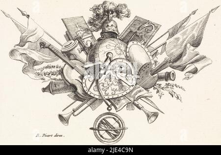 Attributs de la science et des arts, Bernard Picart (atelier de), 1683 - 1733, attributs de la science, tels que globe et compas. En outre, les attributs des arts, tels que violon, partitions et palette de peinture., imprimerie: Bernard Picart, (atelier de), Bernard Picart, (mentionné sur l'objet), Amsterdam, 1683 - 1733, papier, gravure, h 80 mm × l 115 mm Banque D'Images