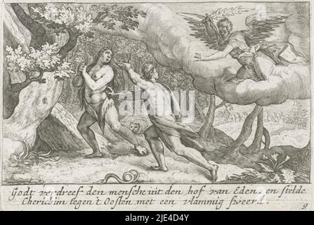 Expulsion du Paradis, Crispijn van de passe (I), 1700 - 1750, l'ange expulse Adam et Eve du Paradis avec son épée. Dieu a remis à Adam et Eve des vêtements de peaux d'animaux, pour couvrir leur honte. Dans la marge une légende de deux lignes en néerlandais., imprimerie: Crispijn van de passe (I), éditeur: Isaac Greve, imprimerie: Utrecht, éditeur: Amsterdam, 1700 - 1750, papier, gravure, h 84 mm × l 122 mm Banque D'Images