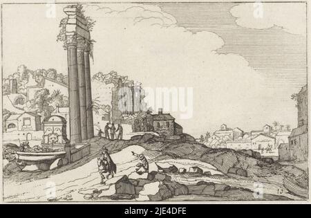 Temple de Castor et Pollux, Claes Jansz. Visscher (II), après Willem van Nieulandt (II), 1618, vue des ruines du temple de Castor et de Pollux à Rome. Près des ruines se trouvent plusieurs figures, dont une pointe vers le temple., imprimeur: Claes Jansz. Visscher (II), rapporteur pour avis intermédiaire: Willem van Nieulandt (II), éditeur: Claes Jansz. Visscher (II), Amsterdam, 1618, papier, gravure, h 102 mm × l 157 mm Banque D'Images