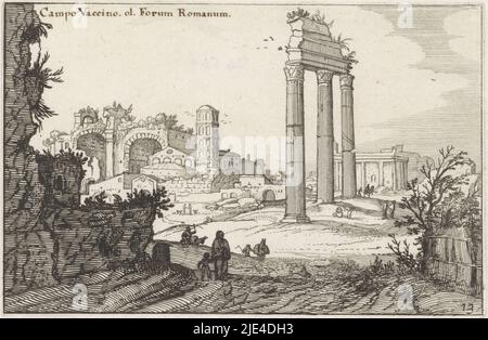 Temple de Castor et Pollux et la Basilique de Constantine, Claes Jansz. Visscher (II), après Willem van Nieulandt (II), 1618, vue du Temple de Castor et de Pollux et de la Basilique de Constantine sur le Forum Romanum à Rome. Au premier plan plusieurs figures., Print Maker: Claes Jansz. Visscher (II), Willem van Nieulandt (II), éditeur: Claes Jansz. Visscher (II), Amsterdam, 1618, papier, gravure, h 103 mm × l 156 mm Banque D'Images