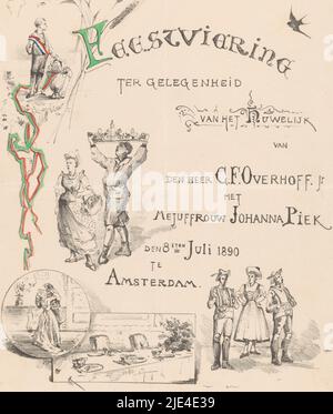 Cérémonie de mariage d'annonce, Theo van Hoytema, 1890, cérémonie de mariage d'annonce de M. Overhoff et de Mme Piek. À gauche, une femme tenant un panier et un homme tenant un plateau au-dessus de sa tête. En bas à gauche un couple biscotier; en bas à droite trois figures chantant., imprimeur: Theo van Hoytema, (mentionné sur l'objet), 1890, papier, h 306 mm × l 232 mm Banque D'Images