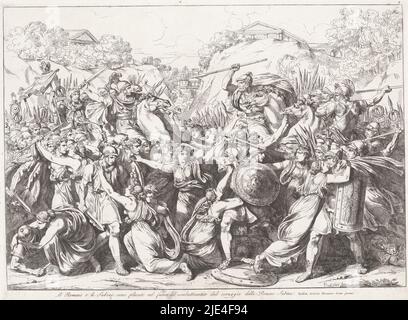 Réconciliation entre les Romains et les Sabines, Bartolomeo Pinelli, 1818, les vierges Sabines se jettent entre les deux armées de combat des Sabines et des Romains. Ils font un appel à la paix., imprimeur: Bartolomeo Pinelli, (mentionné sur l'objet), Bartolomeo Pinelli, (mentionné sur l'objet), Rome, 1818, papier, gravure, h 316 mm × l 426 mm Banque D'Images