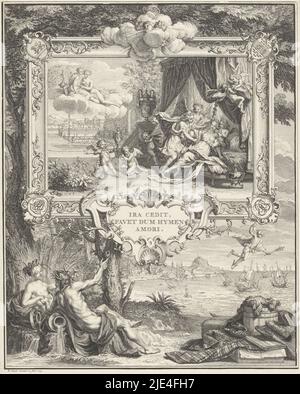 Représentation allégorique à l'occasion du mariage de David Leeuw van Lennep et Hester Barnaart, Bernard Picart, 1723, représentation allégorique à l'occasion du mariage de David Leeuw van Lennep et Hester Barnaart à Haarlem sur 25 mai 1723. Le mari est amené au lit de mariage par des hymen, où elle le repousse légèrement. Juno, protecteur des femmes, et Vénus, déesse de l'amour, s'assoient sur un nuage. La scène est encadrée dans un cadre ornemental. Au-dessous des dieux du ruisseau de l'IJ et de la Spaarne. Les marchandises, les navires et le dieu du commerce, Mercure, représentent les activités du couple Banque D'Images