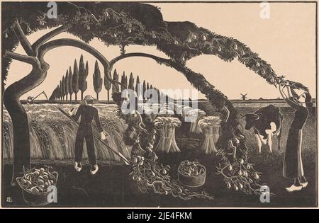 Récolte de l'homme et de la femme, Bernard Essers, en 1903 ou après - en 1928 ou avant, Une femme cueille les poires d'un arbre. Derrière l'arbre se trouve un champ de blé récolté par un homme avec un scythe. À droite du champ se trouvent les poulies de maïs et une vache. En arrière-plan un autre homme avec un scythe, des arbres et la silhouette d'un moulin à vent., imprimeur: Bernard Essers, (signé par l'artiste), dans ou après 1903 - dans ou avant 1928, papier, h 328 mm × l 485 mm Banque D'Images