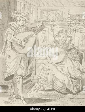 Lute jouant gentilhomme et dame, Cornelis Ploos van Amstel, d'après Karel van Mander (I), 1772 - 1774, intérieur avec un homme et une femme, tous deux jouant le luth., Cornelis Ploos van Amstel, imprimeur: Bernhard Schreuder, dessinateur: Karel van Mander (I), (sur l'objet mentionné, 1772 - 1774), Amsterdam gravure, h 167 mm × l 136 mm Banque D'Images