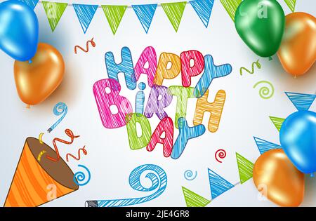 Motif d'arrière-plan vectoriel d'anniversaire. Joyeux texte d'anniversaire en main avec des fanions et des ballons célébrant des éléments pour la fête de naissance d'enfants. Illustration de Vecteur