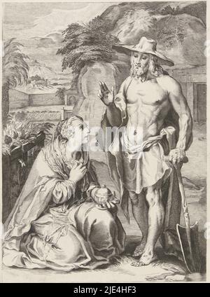 Christ apparaît comme jardinier avec pelle avant Marie Magdalene, Petrus Johannes Arendzen, après Jacob Matham, après Hendrick Goltzius, 1864, Imprimeur: Petrus Johannes Arendzen, (mentionné sur l'objet), Jacob Matham, Hendrick Goltzius, pays-Bas, 1864, papier, gravure, h 267 mm × l 215 mm Banque D'Images