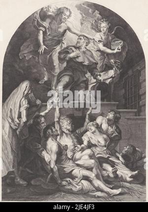 Saint Rochus et les victimes de la peste, Joseph Hunin, après Paulus Ponce, après Peter Paul Rubens, 1780 - 1851, Christ envoie Saint Rochus d'un nuage aux victimes de la peste. Rochus tient son chapeau de pèlerin et son personnel dans sa main et à côté de lui se trouve son chien. Derrière lui, un ange affiche un tableau de texte. Ci-dessous, sept personnes, souffrant de la peste, demander de l'aide., imprimeur: Joseph Hunin, Paulus Pontius, dessinateur intermédiaire: Peter Paul Rubens, Mechelen, 1780 - 1851, papier, gravure, h 539 mm × l 361 mm Banque D'Images