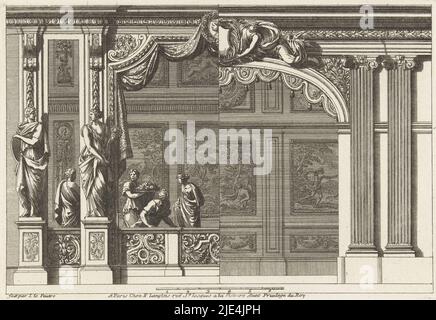 Alcôve avec variante pour la moitié droite, Jean Lepautre, 1678, l'alcôve à gauche est fermée par une balustrade décorée de vignes foliaires et de deux sculptures. Le côté droit est une variante avec deux pilastres ioniques. Feuille 2 de la série de 6 feuilles., imprimerie: Jean Lepautre, (mentionné sur l'objet), Jean Lepautre, éditeur: Nicolas Langlois (I), (mentionné sur l'objet), imprimerie: France, (éventuellement), France, (Éventuellement), éditeur: Paris, 1678, papier, gravure, h 143 mm × l 210 mm Banque D'Images