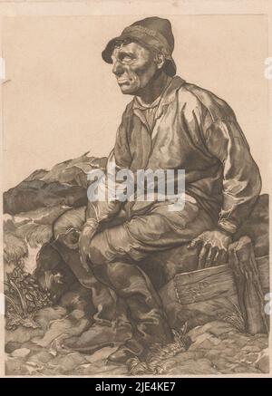 Travailleur au repos, Johannes Josephus Aarts, 1881 - 1934, Un ouvrier, vêtu de combinaisons, chapeau et bottes, repose assis., imprimerie: Johannes Josephus Aarts, 1881 - 1934, papier, gravure, h 268 mm × l 203 mm Banque D'Images