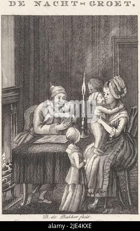 Les enfants donnent un baiser à leurs parents pour la nuit, Barent de Bakker, 1789, les enfants donnent un baiser à leurs parents pour la nuit. L'inscription est une citation de Kinderpligt et zinnebeelden (fiche 49)., imprimerie: Barent de Bakker, (mentionné sur l'objet), dessinateur intermédiaire: Barent de Bakker, éditeur: Willem van Vliet, 1789, papier, gravure, gravure, gravure h 165 mm × l 104 mm Banque D'Images