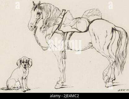 Cheval et chien de selle, Hendrik Abraham Klinkhamer, 1841, Etude d'un cheval de selle avec une bride et un chien assis., Imprimeur: Hendrik Abraham Klinkhamer, (mentionné sur l'objet), Amsterdam, 1841, papier, gravure, h 143 mm × l 199 mm Banque D'Images