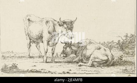 Vaches dans un paysage, Jan Kobell (II), 1788 - 1814, Une vache couchée et une vache debout près d'une clôture en ruine. En arrière-plan, une troisième vache pacage et le contour d'une tour d'église peut être vu, imprimeur: Jan Kobell (II), 1788 - 1814, papier, gravure, h 88 mm × l 150 mm Banque D'Images