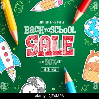Retour à l'école vente texte bannière vectorielle. Offre limitée de vente scolaire pour les prospectus à prix réduit et les promotions d'achat sur fond vert. Vecteur Illustration de Vecteur