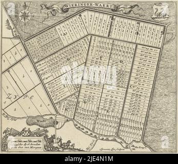 Carte de Wieringerwaard avec en haut à gauche une rose compas et une fleur de lys, en haut à droite une blason avec deux oiseaux et en bas à gauche des bovins et des outils agricoles autour de l'échelle, Carte du Wieringerwaard Wieringer-Waertrks100001 Cadmus tue le dragon qui a attaqué ses hommes. Titre en latin à marge inférieure, Cadmus tue le dragon Draco a Cadmo interviciur, Metamorphoséon transformationum (titre de la série) métamorphies d'Ovid., imprimerie: Ignatius Lux, (mentionné sur l'objet), Amsterdam, 1669 - 1713, papier, gravure, gravure, h 173 mm × l 199 mm Banque D'Images