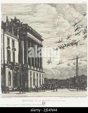 Vue sur le bâtiment du ministère de la Marine, vue de la rue Royale avec l'obélisque sur la place de la Concorde à Paris au loin à droite. Dans le ciel, toutes sortes de créatures fantasques comme les poissons et les chevaux sont en vol, regardées par des spectateurs sur la place devant le ministère de la Marine, le ministère de la Marine avec des créatures fantasques dans le ciel au-dessus du ministère de la Marine de Paris., imprimeur : Charles Meryon, (mentionné sur l'objet), Charles Meryon, imprimeur: Auguste Delâtre, (mentionné sur l'objet), Imprimeuse: France, imprimante: Paris, 1-août-1865 et/ou 1866 Banque D'Images