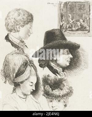Portrait buste de Louis Bernard Coclers avec chapeau noir, à droite, feuille d'étude avec portraits de Louis Bernard Coclers et de sa famille., Imprimeur: Louis Bernard Coclers, (mentionné sur l'objet), Leiden, 1780, papier, gravure, h 159 mm × l 128 mm Banque D'Images