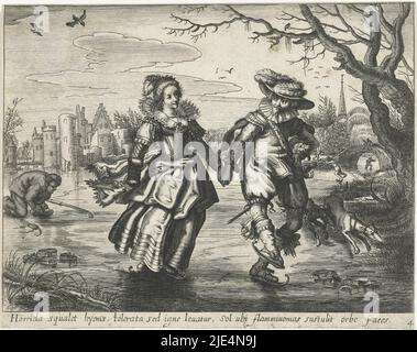 Une paire élégante de patinage, vue de l'avant et habillée selon la mode de c. 1620-1630. La femme a un Kraut dans sa main droite. Sur la gauche un homme patinage en dessous et sur la droite deux chiens. En arrière-plan un château ruine avec gatehouse et pont, Winter the four Seasons (titre de la série)., imprimerie: Daniël van den Bremden, Adriaen Pietersz. Van de Venne, Amsterdam, 1625 - 1630, papier, gravure, h 130 mm × l 167 mm Banque D'Images