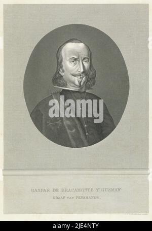 Portrait buste de Gaspar de Bracamonte y Guzman, comte de Peñaranda et diplomate. Sur le socle son nom et titre, Portrait de Gaspar de Bracamonte y Guzman., Imprimeur: Jan Frederik Christiaan Reckleben, (mentionné sur l'objet), Amsterdam, 1866 - 1868, papier, gravure en acier, h 220 mm × l 154 mm Banque D'Images