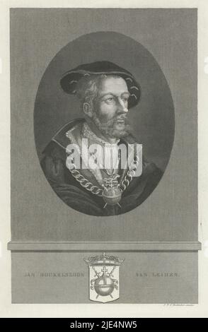 Portrait de Jan Beukelszoon de Leiden, chef des anabaptistes radicaux et nommé par lui-même roi des anabaptistes à Münster. Dans la marge son nom et les armoiries, Portrait de Jan van Leiden., imprimeur: Jan Frederik Christiaan Reckleben, (mentionné sur l'objet), Heinrich Aldeverver, Amsterdam, 1847 - 1849, papier, gravure, gravure Banque D'Images