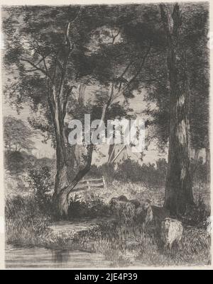 Il y a des moutons le long de l'eau sous les arbres. En arrière-plan un moulin à vent, Paysage avec moulin à vent et moutons Om Amsterdam., imprimerie: Willem Steelink (II), Amsterdam, 1888, papier, gravure, h 228 mm - l 172 mm Banque D'Images