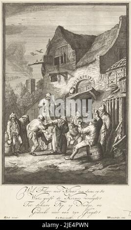 Un couple fermier danse devant une auberge à la musique d'un joueur de schalmei. Un groupe de paysans qui boivent regarde le couple et rit. En dessous de la représentation un verset hollandais, Drinking and Dancing paysans devant une auberge héritage à Van Ostade (titre de série), imprimerie: Willem de Broen, (mentionné sur objet), Adriaen van Ostade, (mentionné sur objet), éditeur: Gerrit de Broen (I), (mentionné sur objet), Amsterdam, 1705, papier, gravure, h 308 mm × l 199 mm Banque D'Images