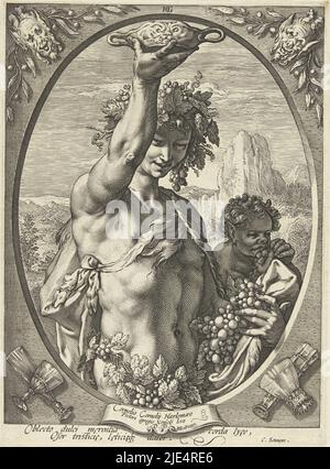 Le jeune dieu Bacchus dans la moitié, dans un ovale, des bouquets de raisins dans la main gauche, un bol tenant dans la main droite, des vignes autour de la tête. À côté de lui un peu satyr. En arrière-plan une montagne. Au-dessous de la scène, deux lignes de latin. Cet imprimé fait partie d'une série de trois empreintes de dieux classiques, Bacchus avec un bol à boire Bacchus Bacchus, venus et Ceres (titre de la série)., imprimeur: Hendrick Goltzius, (mentionné sur l'objet), Hendrick Goltzius, Cornelius Schonaeus, Haarlem, 1593 - 1597, papier, gravure, h 250 mm × l 183 mm Banque D'Images