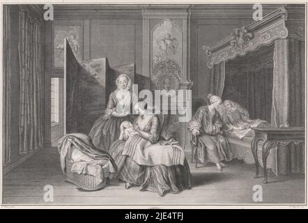 Dans la pépinière, un moins nourrit le bébé tandis qu'une autre femme regarde. À droite, la mère est allongée dans un lit à baldaquin. À côté d'elle se trouve son mari. En bas de la marge, les armoiries de Johann Goll de Frankenstein, propriétaire de la peinture originale et à laquelle l'impression est dédiée, maternité hollandaise, maternité hollandaise / Chambre d'acouchée hollandoise, imprimerie: Pieter Tanjé, (mentionné sur l'objet), après: Cornelis Troost, (mentionné sur l'objet), éditeur: Pierre Fouquet, (Mentionné sur l'objet), Amsterdam, 1757, papier, gravure, gravure, h 381 mm × l 498 mm Banque D'Images