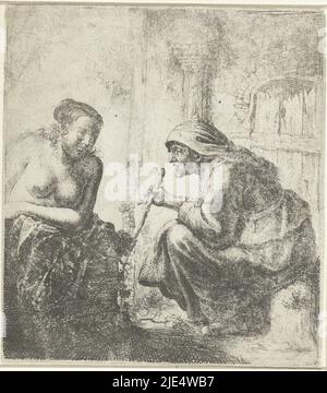 Vertumnus courtise Pomona sous le couvert d'une vieille femme. Sur verso très légère impression d'une autre plaque avec un portrait d'un homme, avec le texte 'Domine scire(...)', Vertumnus et Pomona., imprimerie: Anonyme, imprimerie: Rembrandt van Rijn, (discret de), pays-Bas, 1630 - 1700, papier, gravure, h 120 mm × l 106 mm Banque D'Images
