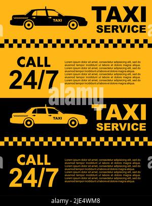 Concept de service de taxi. Bannière, affiche ou prospectus jaune et noir vectoriel. Service de taxi. Silhouette de voiture de taxi. Illustration de Vecteur