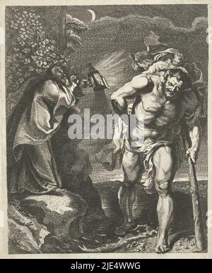 Le Saint Christopher porte l'enfant Christ sur ses épaules, à travers le fleuve. Sur la banque, l'ermite lui met une lanterne, Saint Christopher., imprimerie: Remoldus Eynhoudts, (mentionné sur l'objet), après: Peter Paul Rubens, (mentionné sur l'objet), Anvers, 1626 - 1680, papier, gravure, h 315 mm × l 243 mm Banque D'Images