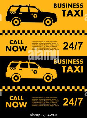 Service de taxi professionnel sur fond jaune et noir. Silhouette de voiture de taxi. Illustration vectorielle plate. Illustration de Vecteur