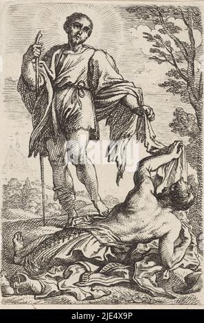 Saint Martin donne la moitié de son manteau, coupé en deux par lui, au mendiant couché sur le sol. Saint Martin est pieds nus, H. Martinus van Tours, imprimeur: Cornelis Schut (I), 1618 - 1655, papier, gravure, h 137 mm, l 90 mm Banque D'Images