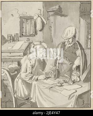 Un homme assis à une table écrit une lettre. A côté de lui se trouve un homme tenant une lettre, auteur d'une lettre destinataire, Cornelis Ploos van Amstel, imprimeur: Bernhard Schreuder, dessinateur intermédiaire: Jan Havicksz. Steen, (mentionné sur l'objet), Amsterdam, 1777 - 1786, papier, gravure, h 156 mm × l 132 mm Banque D'Images