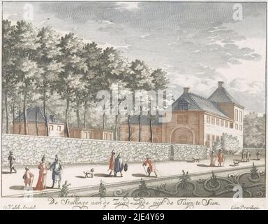 Vue depuis le jardin des écuries du côté sud du Palais Soestdijk, pavillon de chasse du Stadholder William III d'Orange-Nassau. Dans les figures de premier plan du jardin, vue sur les écuries du côté sud de Soestdijk Palace de Stallinge sur le Zuijd-Zijde uijt de Tuijn te Sien, Veues et perspectives de Soesdyck, chasteau et maison de plaisance du roy de la Grande Bretagne (titre de la série)., Imprimeur: Anonyme, éditeur: Gerard Valck, (mentionné sur l'objet), inconnu, (Mentionné sur l'objet), Amsterdam, 1695, papier, gravure, h 129 mm × l 169 mm Banque D'Images