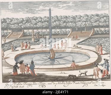 Jardin avec la fontaine et les terrasses sur le côté nord du Palais Soestdijk, pavillon de chasse du Stadholder William III d'Orange-Nassau. Dans le jardin, plusieurs personnes et chiens marchent, Fontaine et terrasses sur le côté nord de Soestdijk Palace Gesigt van de Fetijn inde Tuijn, sur le côté nord de vant Huijs, avec la Tierasse, Vées et perspectives de Soesdyck, Chasteau & maison de plaisance du roy de la Grande Bretagne (série de titres)., Imprimeur: Anonyme, éditeur: Gerard Valck, (mentionné sur l'objet), inconnu, (Mentionné sur l'objet), Amsterdam, 1695, papier, gravure, h 134 mm × l Banque D'Images