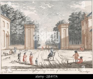 La porte de la propriété de Soestdijk Palace, pavillon de chasse du Stadholder William III d'Orange-Nassau. Des deux côtés, les écuries. A l'intérieur de la porte un cavalier, des marcheurs et des chiens, vue de la porte du Palais Soestdijk la porte avant entre les écuries, par l'avenue, sur la Kalk-Ovens à Zien, Veues et perspectives de Soesdyck, chasteau et maison de plaisance du roy de la Grande Bretagne (titre de la série)., imprimerie : Anonyme, éditeur: Gerard Valck, (mentionné sur l'objet), inconnu, (Mentionné sur l'objet), Amsterdam, 1695, papier, gravure, h 130 mm × l 170 mm Banque D'Images