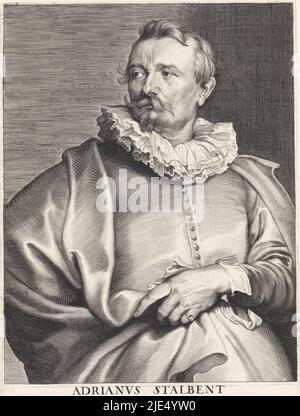 Portrait du peintre Adriaen van Stabemt, imprimeur: Paulus Pontius, (mentionné sur l'objet), après: Anthony van Dyck, (mentionné sur l'objet), inconnu, (mentionné sur l'objet), Anvers, 1616 - 1657, papier, gravure, h 243 mm × l 174 mm Banque D'Images