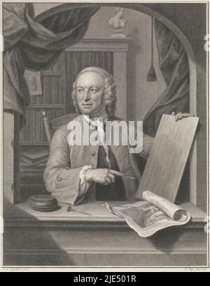 Portrait de l'imprimeur Pieter Tanjé, assis dans une niche voûtée derrière un rebord de fenêtre, avec burin et sa plaque de copperplate entre ses mains. Sur le rebord de la fenêtre se trouvent un imprimé, des burins et un tampon. Derrière lui une pièce avec une bibliothèque, Portrait de Pieter Tanjé., imprimerie: Pieter Tanjé, (mentionné sur l'objet), après: Jan Maurits Quinkhard, (mentionné sur l'objet), Amsterdam, 1760, papier, gravure, gravure, h 406 mm × l 290 mm Banque D'Images
