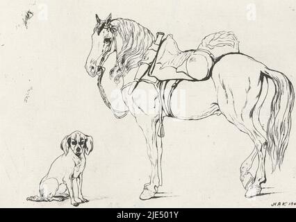 Une étude d'un cheval attristé avec une bride et un chien assis, un cheval attristé et un chien, imprimeur: Hendrik Abraham Klinkhamer, (mentionné sur l'objet), 1841, gravure, h 143 mm × l 199 mm Banque D'Images