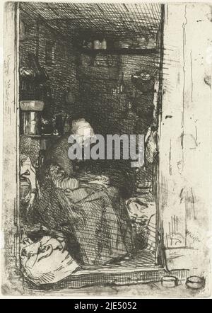 Une femme plus âgée, vue du côté, assise dans la porte d'un petit magasin de chiffon. Sur ses genoux et autour d'elle se trouvent des morceaux de tissu, la dame de chiffon la Vieille aux Loques douze gravures de la nature (titre de la série)., imprimeur: James Abbott McNeill Whistler, (mentionné sur l'objet), James Abbott McNeill, Angleterre, 1858, papier, Whistler, gravure h 207 mm × l 148 mm Banque D'Images