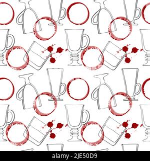 Motif taches de vin et verres à gribouillage pour boissons et whisky, taches d'aquarelle rouge, dessin à la main. Illustration vectorielle Illustration de Vecteur