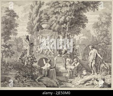 Un paysage arcadien avec une fontaine romaine classique au centre. Diana et ses nymphes autour de la fontaine. L'imprimé fait partie d'une série de représentations bibliques, mythologiques et allégoriques, Paysage avec une fontaine et Diana et ses nymphes représentations bibliques, mythologiques et allégoriques (titre de la série)., Imprimeur: Johannes Glauber, (mentionné sur l'objet), d'après: Gerard de Lairesse, (mentionné sur l'objet), éditeur: Leonard Schenk, peut-être inconnu, imprimeur: Après: Amsterdam, éditeur: Amsterdam, 1685, papier, gravure, l 530 mm × h 425 mm Banque D'Images